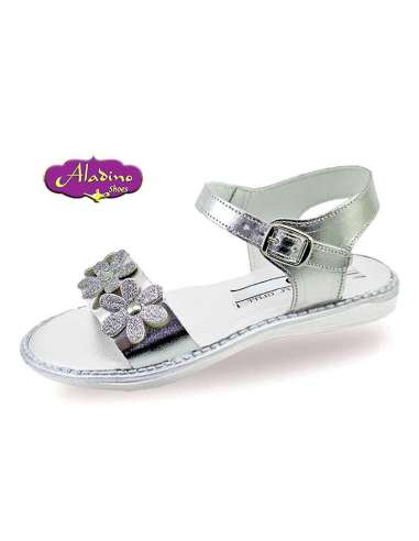 GIRLS SANDALS IN LEATHER  ALADINO 9010A SILVER