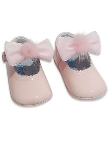PRAM SHOES IN PATENT WITH VELVET FUR BOW 712C PINK