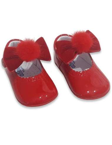 PRAM SHOES IN PATENT WITH VELVET FUR BOW CITOS 712 RED