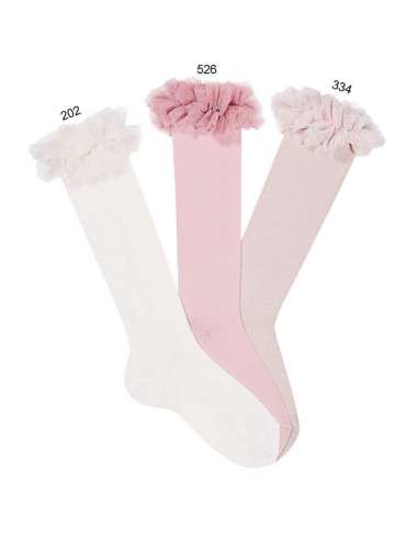 24942 SOLID KNIT HIGH SOCKS WITH RUFFLED TULLE STRIP BRAND CONDOR