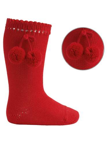 25042 RED  HIGH SOCKS WITH POMPOMS BRAND CONDOR