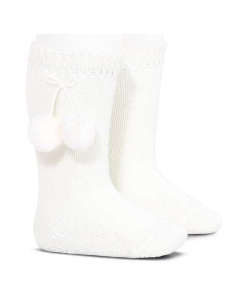 25042 WHITE  HIGH SOCKS WITH POMPOMS BRAND CONDOR