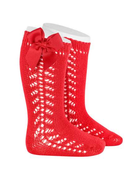 25992 ROJO CALCETINES ALTOS CALADO LATERAL CON LAZO GROSGRAIN  MARCA CONDOR