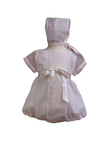 M83932MC GIRLS SHORT SLEEVE CHRISTENING LACE ROMPER WITH LACE AND CAP BRAND MISHA BABY