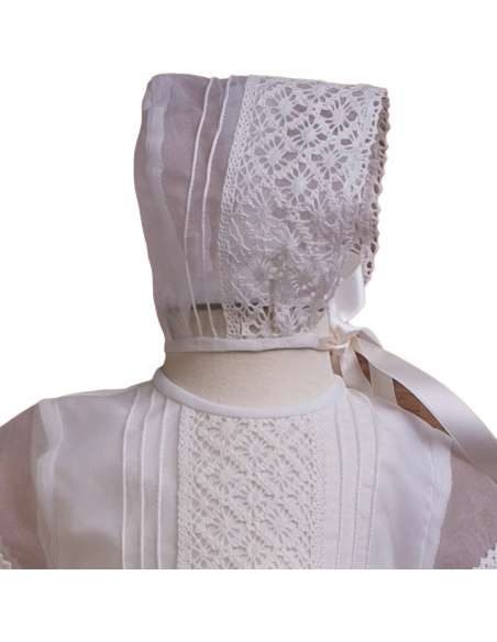 M83932MC GIRLS SHORT SLEEVE CHRISTENING LACE ROMPER WITH LACE AND CAP BRAND MISHA BABY