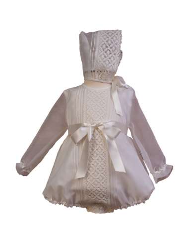 M83932ML GIRLS LONG SLEEVE CHRISTENING LACE ROMPER WITH LACE AND CAP BRAND MISHA BABY