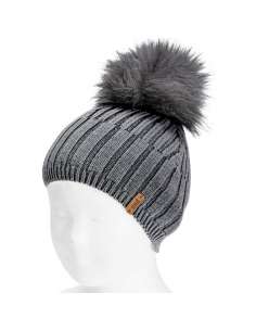 50009010 GRIS GORRO MIX CANALES EN ALGODON CON BORLA PELO...