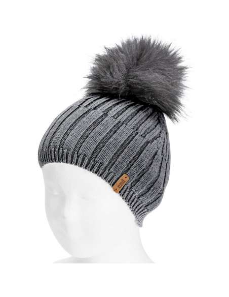 50009010 GREY MIX-RIB COTTON HAT WITH FAUX FUR POM POM BRAND CONDOR