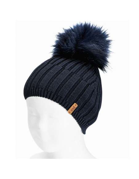 50009010 MARINO MIX-RIB COTTON HAT WITH FAUX FUR POM POM BRAND CONDOR