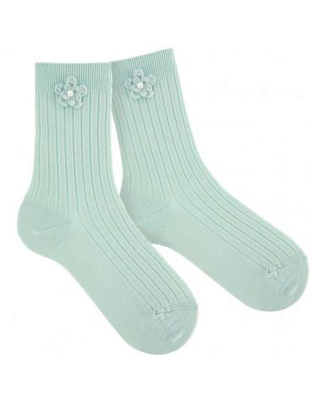 24764C GREEN RIBBED SHORT SOCKS WITH FLOWER  BRAND CONDOR