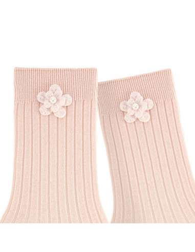 24764C NUDE RIBBED SHORT SOCKS WITH FLOWER...