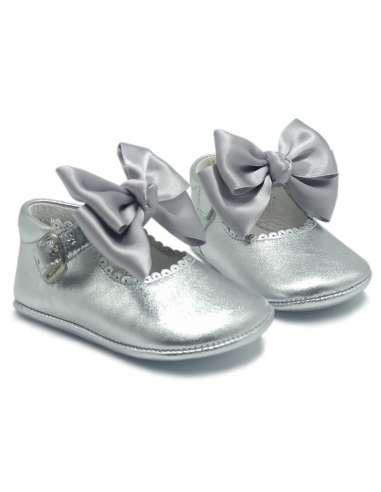 PRAM SHOES IN LEATHER 712C SILVER WITH BOWS