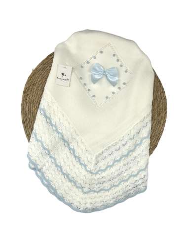 1105001 WHITE/BLUE  KNITTED BABY SHAWL  BRAND ALMA