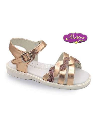 GIRLS SANDALS IN LEATHER  ALADINO 308 SALMON/GOLD