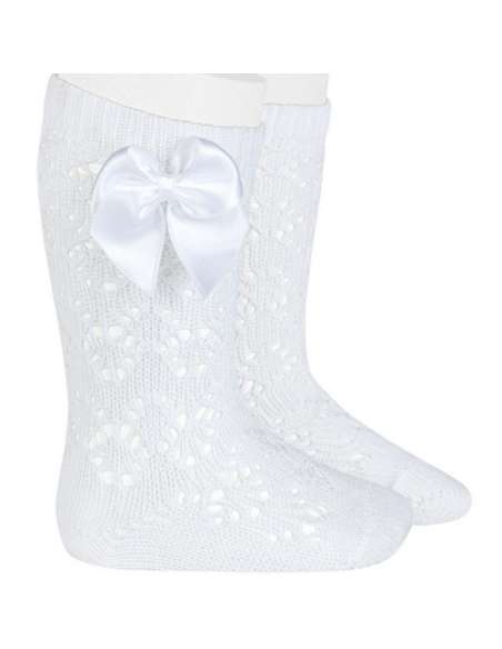 25062 200 WHITE PERLE GEOMETRIC OPENWORK KNEE HIGH SOCKS WITH BOW BRAND CONDOR