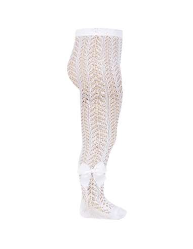 25301 200 WHITE OPENWORK PERLE TIGHTS WITH SIDE GROSSGRAIN BOW BRAND CONDOR