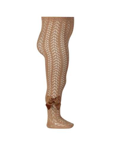 25301 326 CAMEL OPENWORK PERLE TIGHTS WITH SIDE GROSSGRAIN BOW BRAND CONDOR