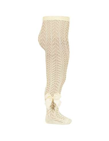 25301 610 MANTEQUILLA  OPENWORK PERLE TIGHTS WITH SIDE GROSSGRAIN BOW BRAND CONDOR