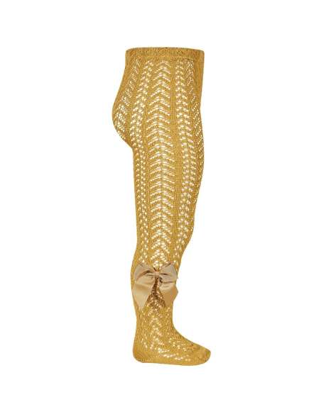 25301 629 MOSTAZA OPENWORK PERLE TIGHTS WITH SIDE GROSSGRAIN BOW BRAND CONDOR