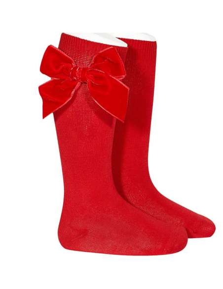 24892 550 RED SIDE VELVET BOW KNEE HIGH SOCKS BRAND CONDOR