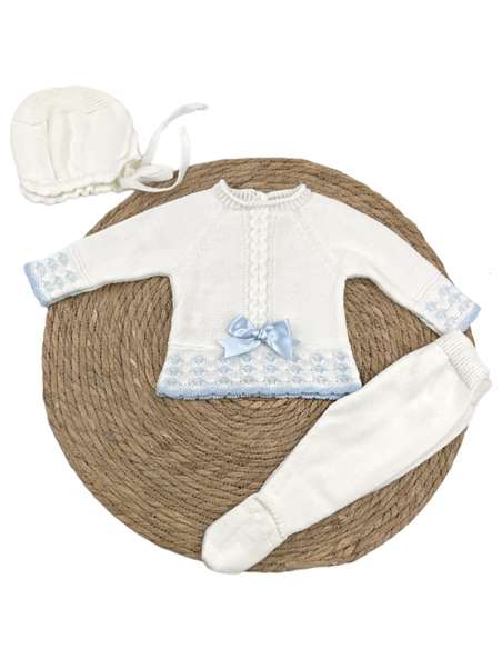 2913 WHITE/BLUE WOOL BABY SET THREE PIECES BRAND LA CASITA DE PEPITO