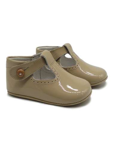 T- Bars Baby soft sole in patent leather with botton 850-B Camel