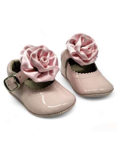 PRAM SHOES IN PATENT 712C WITH BOWS ROSE PINK