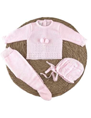 3118 BABY SET 3 PIECES WITH POM POM PINK LA CASITA DE PEPITO