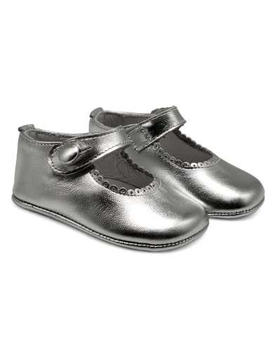 Mary Janes Baby soft sole in leather with botton 712B Silver