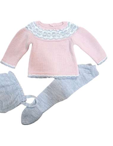 5G PINK/GREY WOOL BABY SET THREE PIECES BRAND BABY FASHION