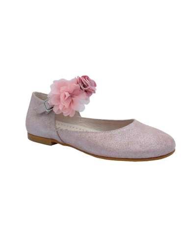 025501Ceremony girl shoes in Leather with Flower Yowas Pink