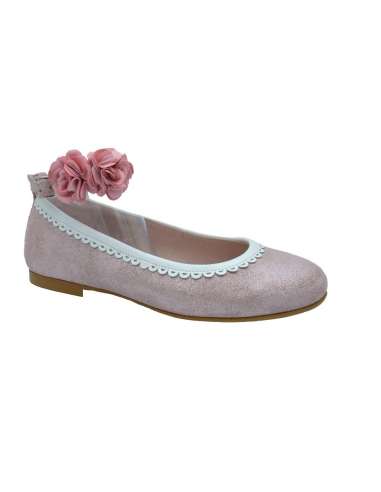 025653 Ceremony girl shoes in Leather with Flower Yowas Pink