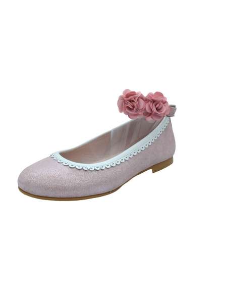 025653 Ceremony girl shoes in Leather with Flower Yowas Pink