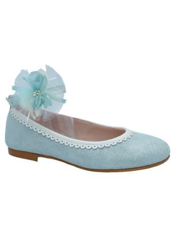 025653 Ceremony girl shoes in Leather with Flower Yowas Acuamarina