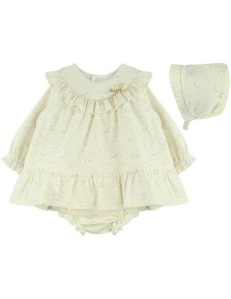 25403 ﻿Vestido y Cubrepañal con Capucha Ovejitas BabyFerr