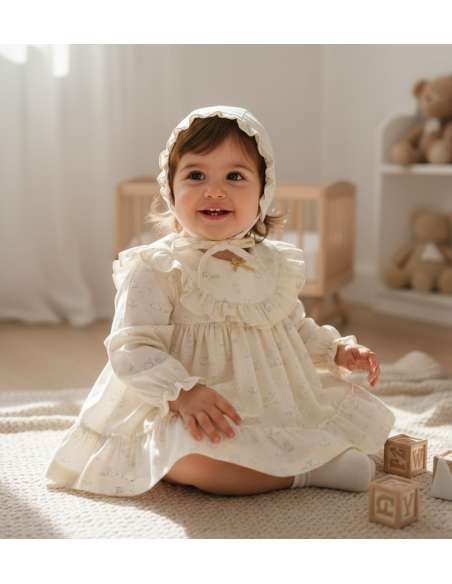 25403 ﻿Vestido y Cubrepañal con Capucha Ovejitas BabyFerr