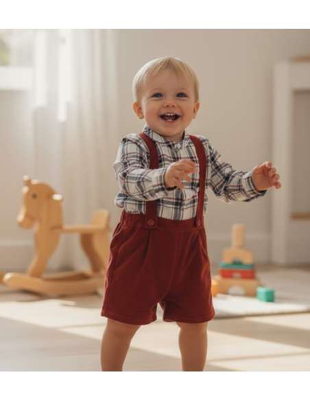 324353  OVERALL CON CAMISA DE CUADROS GRANATE Baby Ferr