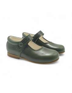 Mary Janes in leather with button 1502C Bottle Green