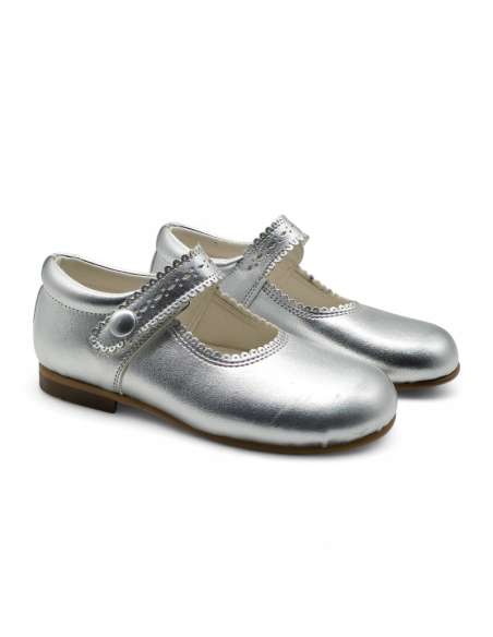 Mary Janes in leather with button 1502C Silver