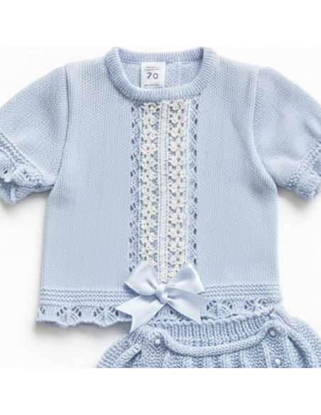 03414C CELESTE Conjunto de bebé de punto perlé DOS PIEZAS MARCA  LA CASITA DE PEPITO