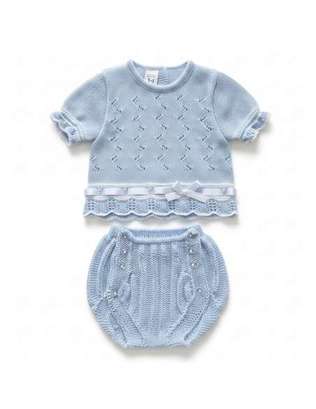 03415C CELESTE Conjunto de bebé de punto perlé DOS PIEZAS MARCA  LA CASITA DE PEPITO