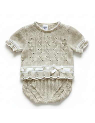03415C BEIGE  KNIT BABY SET TWO PIECES BRAND LA...