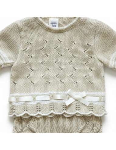 03415C BEIGE  KNIT BABY SET TWO PIECES BRAND LA...